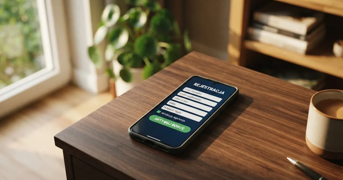 Smartfon z formularzem zakładania konta gracza i zakładką aktywacji środków bonusowych w sekcji konta