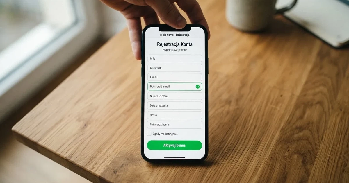 Smartfon z otwartym formularzem zakładania konta gracza i zakładką aktywacji środków bonusowych w sekcji Moje Konto
