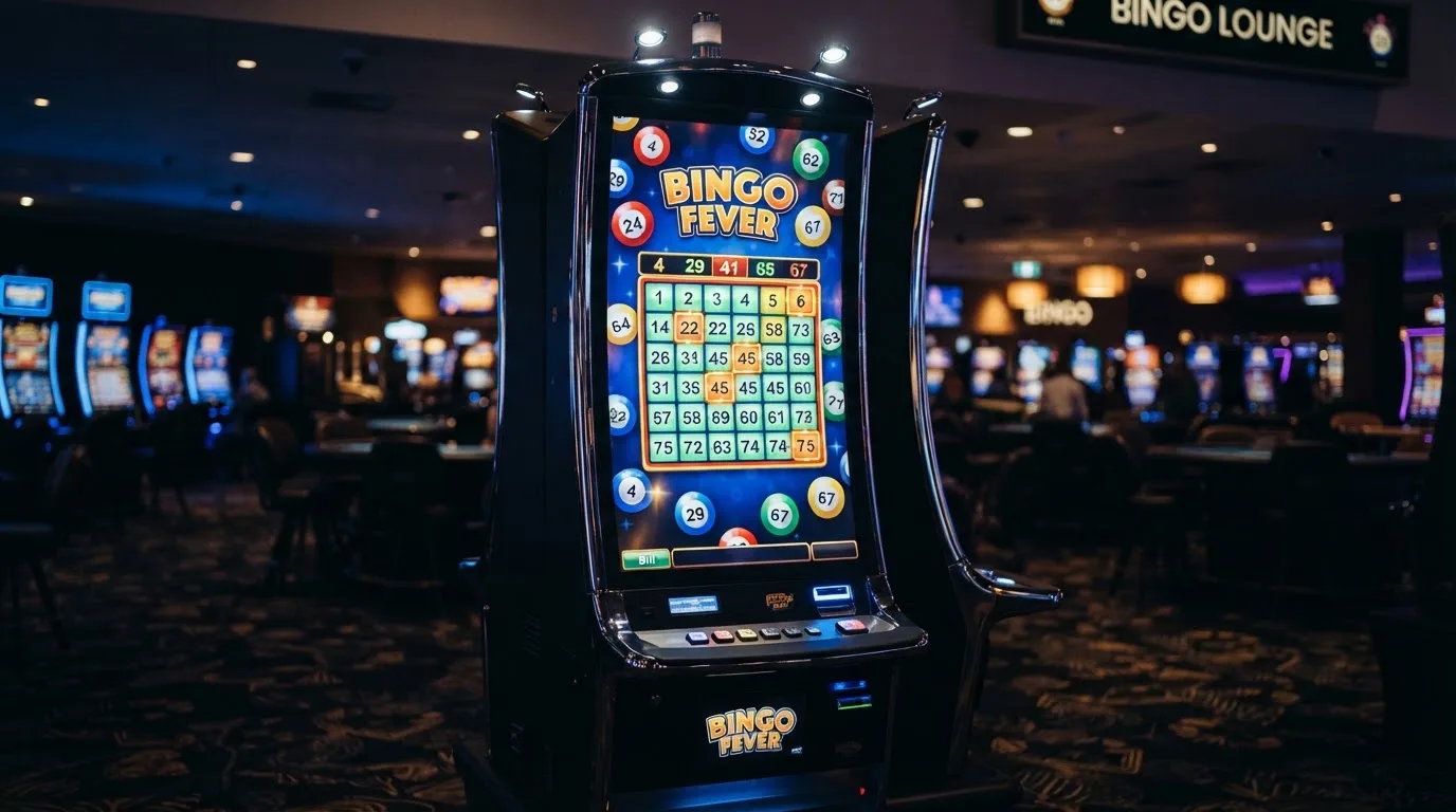 Ekran automatu do gry z kolorową planszą w stylu bingo i podświetlonymi liczbami