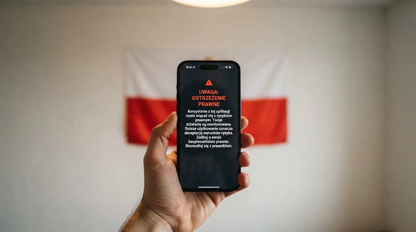 Dłoń trzymająca telefon z widocznym komunikatem ostrzegawczym o legalności hazardu online na tle biało-czerwonej flagi Polski.