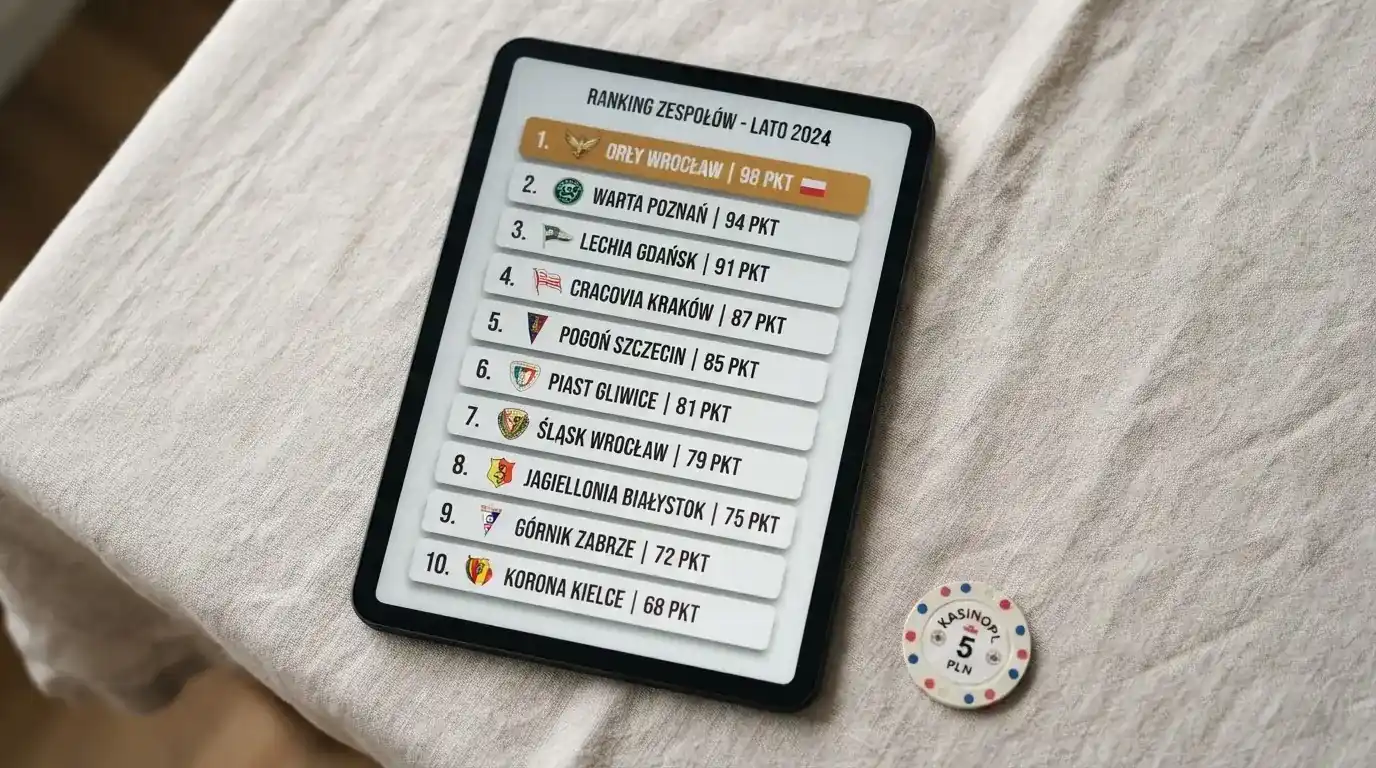 Ranking dziesięciu kart operatorów online ułożonych od najwyżej do najniżej ocenionego na ekranie tabletu.