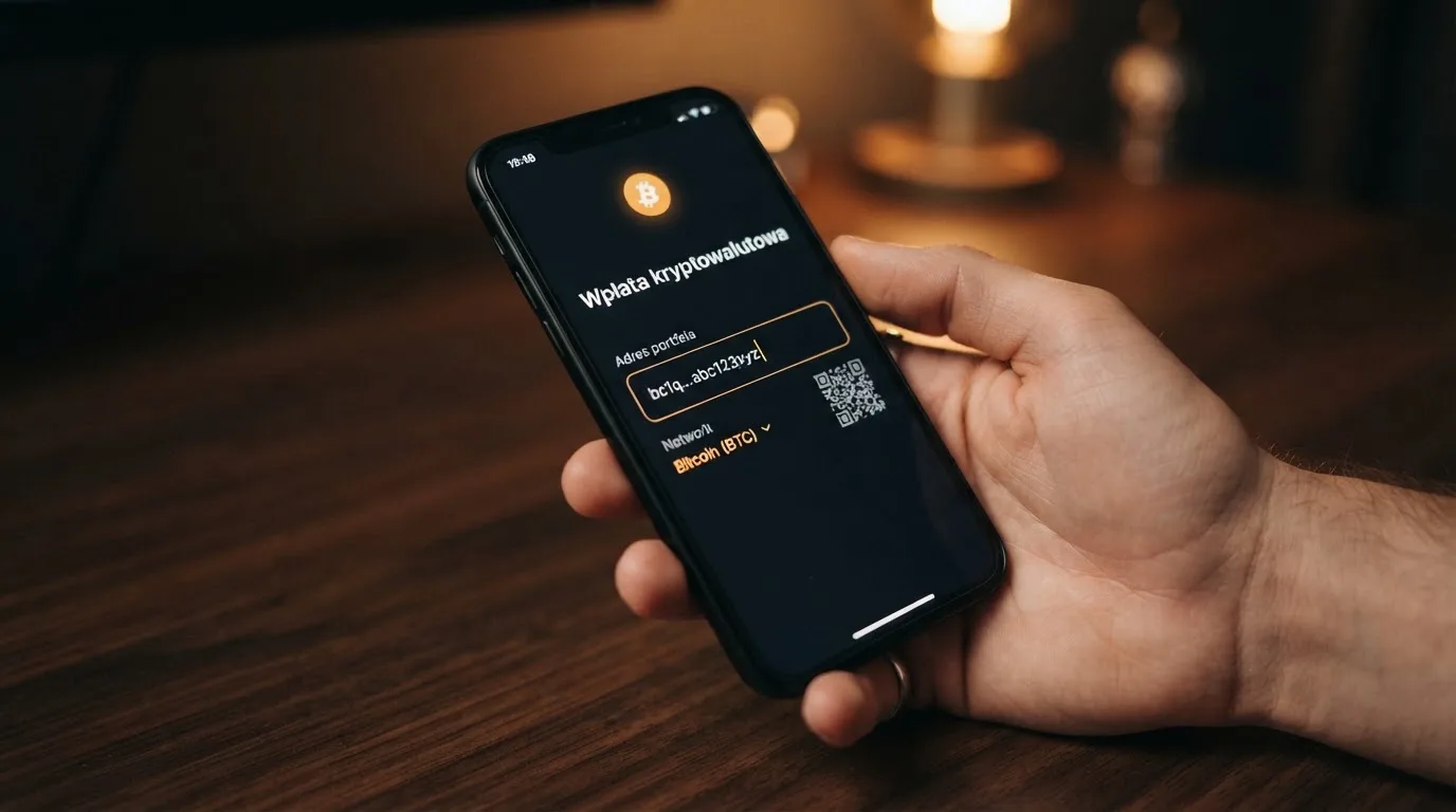 Zbliżenie na formularz wpłaty w kasynie online z polem na adres portfela kryptowalutowego BNB Smart Chain.