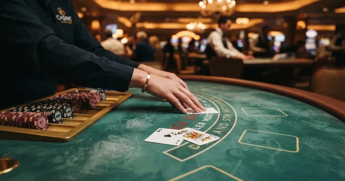 Krupier rozdający karty przy stole blackjacka na żywo w kasynie online