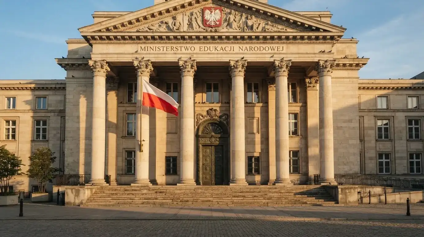 Fasada budynku instytucji państwowej z flagą Polski, symbol nadzoru regulatora nad rynkiem gier hazardowych