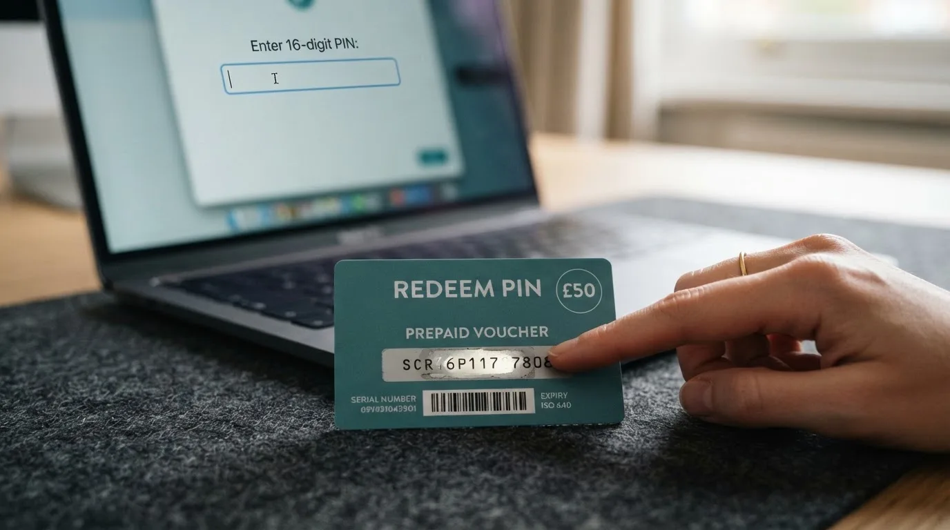 Karta przedpłacona Paysafecard z zasłoniętym polem kodu PIN obok klawiatury laptopa