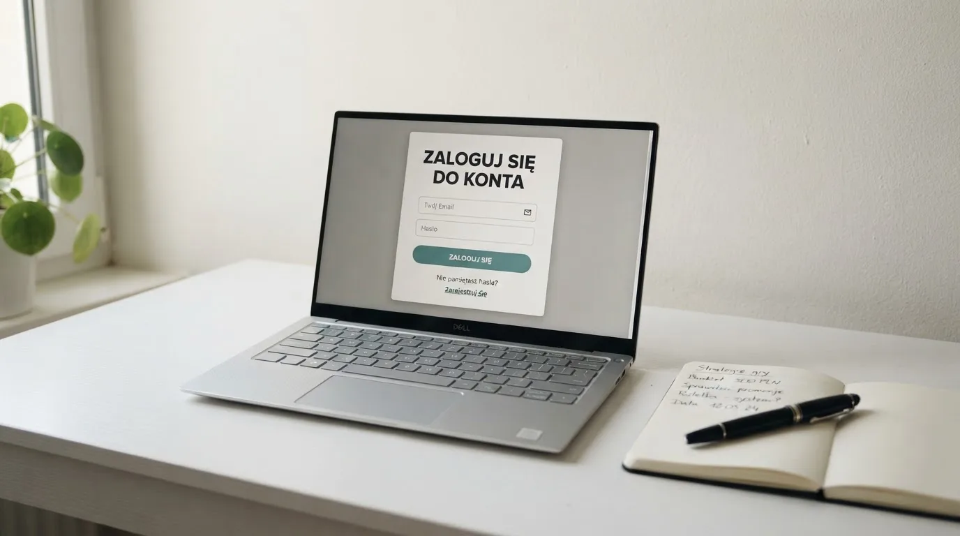 Laptop na biurku z otwartą stroną logowania serwisu internetowego i notesem obok.