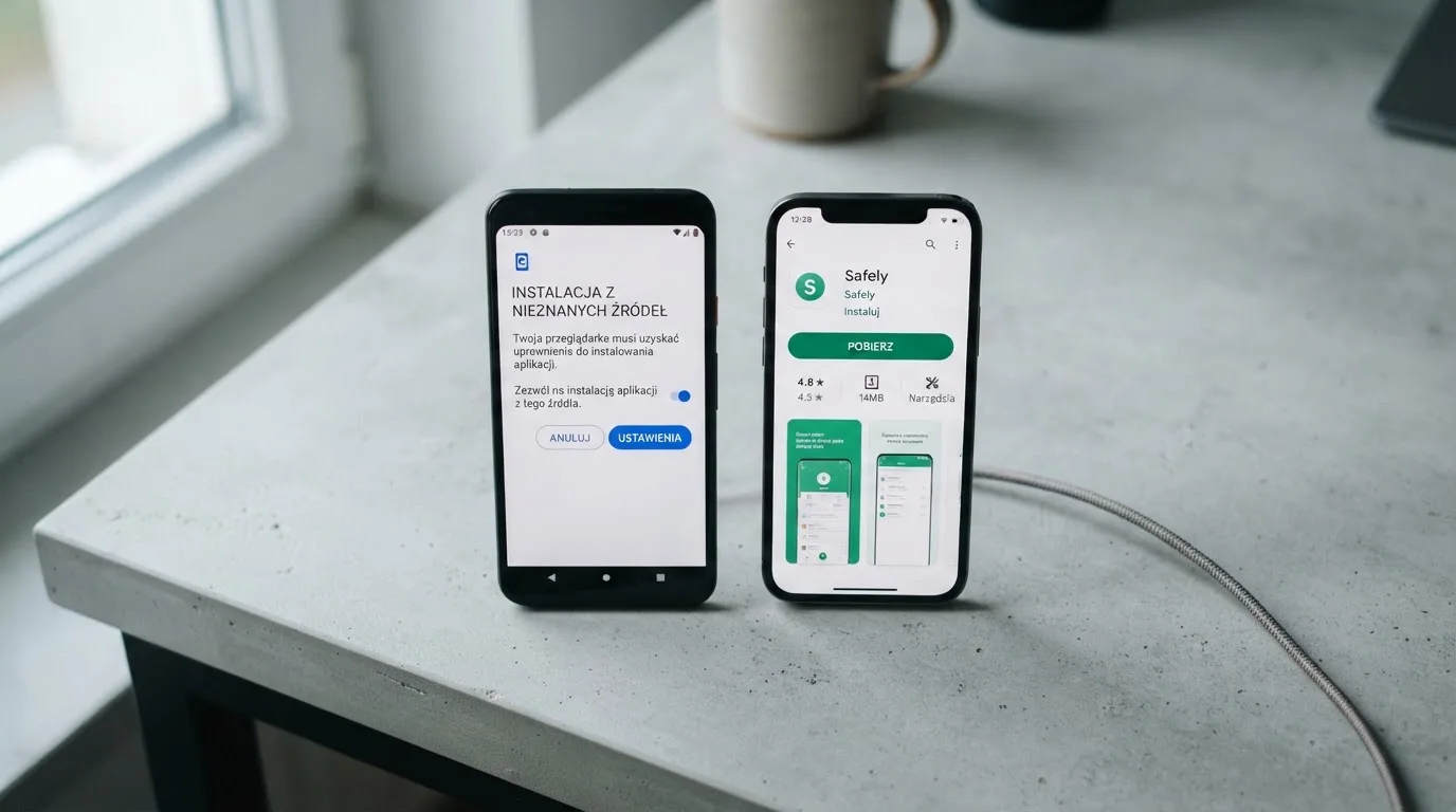 Dwa telefony obok siebie: na jednym komunikat zgody na instalację pliku APK z nieznanego źródła, na drugim strona aplikacji w sklepie z przyciskiem pobierania