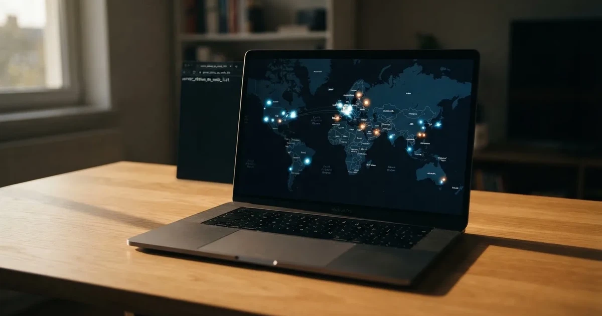Laptop na biurku z włączoną aplikacją VPN i mapą serwerów w kilku krajach obok otwartej przeglądarki