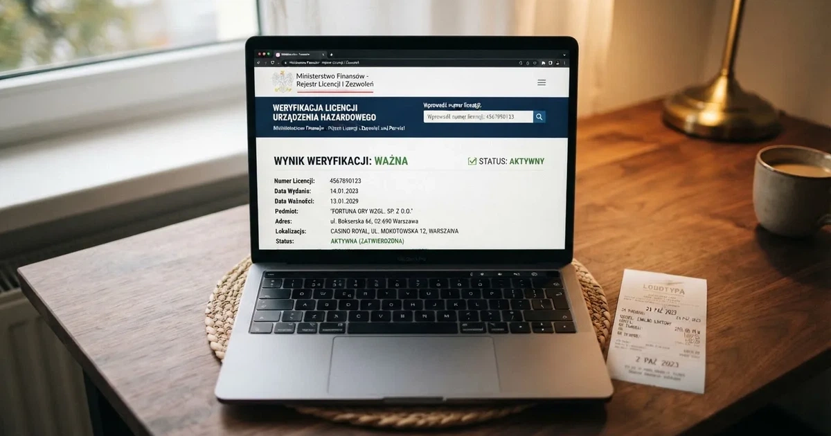 Zbliżenie ekranu z wynikiem wyszukiwania certyfikatu licencji na oficjalnym portalu regulatora, z widocznym numerem licencji i statusem