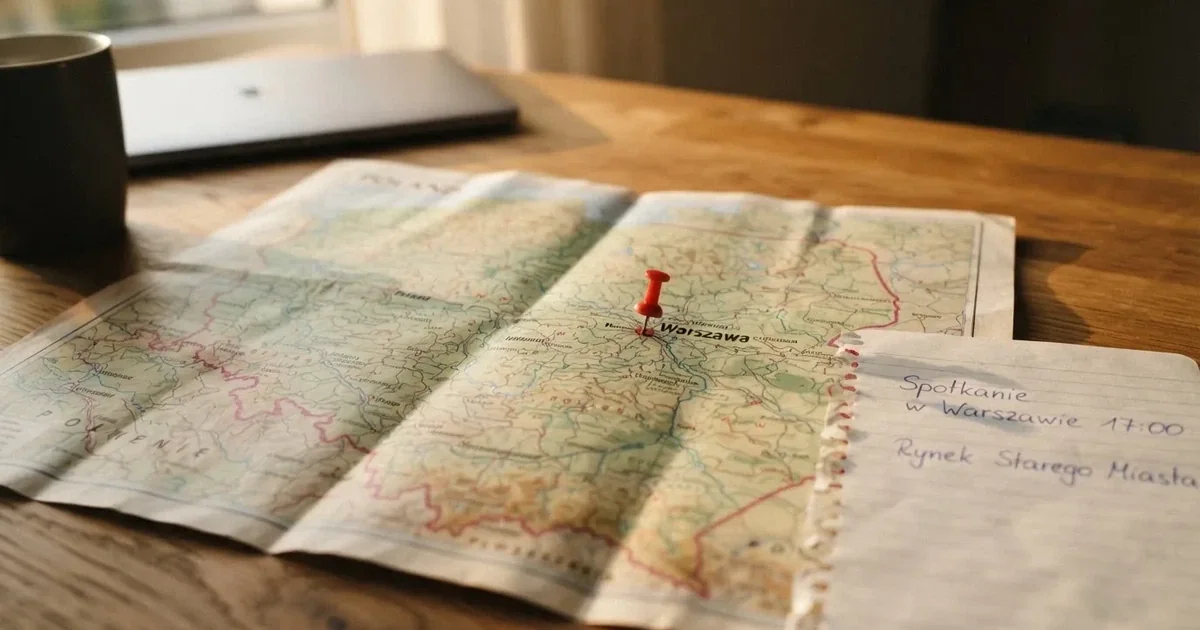 Mapa Polski rozłożona na biurku z jedną czerwoną pinezką wbitą w Warszawę i kartką z odręcznym dopiskiem o monopolu państwa