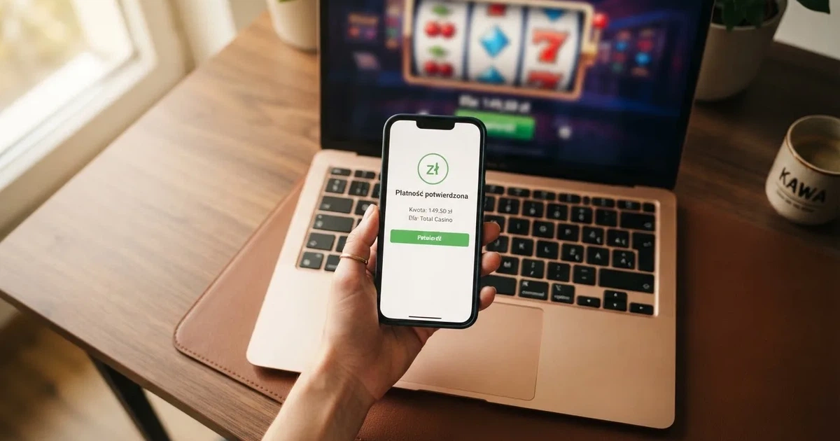 Dłoń trzymająca smartfon z ekranem płatności mobilnej nad klawiaturą laptopa
