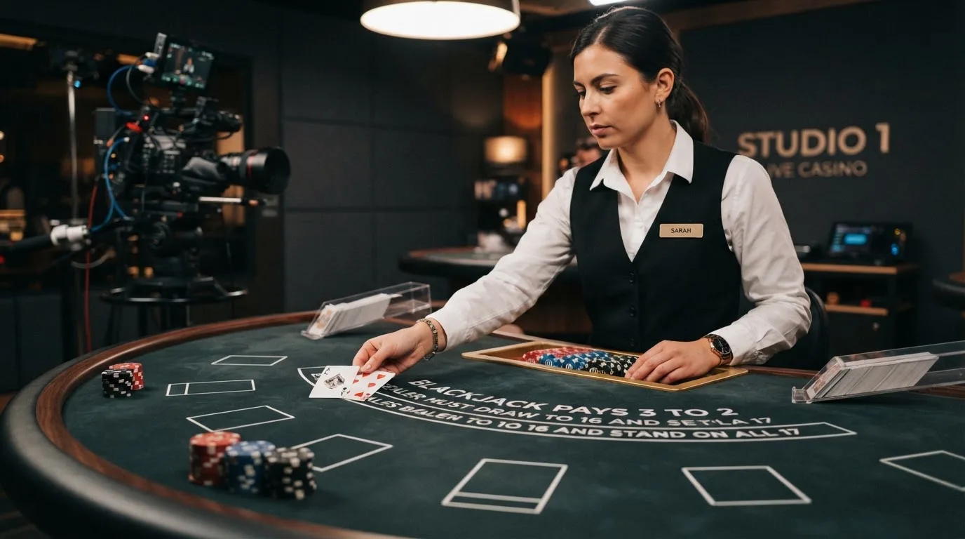 Krupier rozdający karty przy stole blackjacka podczas transmisji na żywo