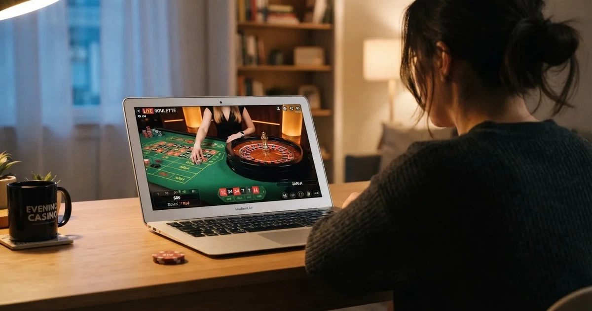 Gracz przy laptopie czyta krótkie wyjaśnienie, czym jest kasyno na żywo