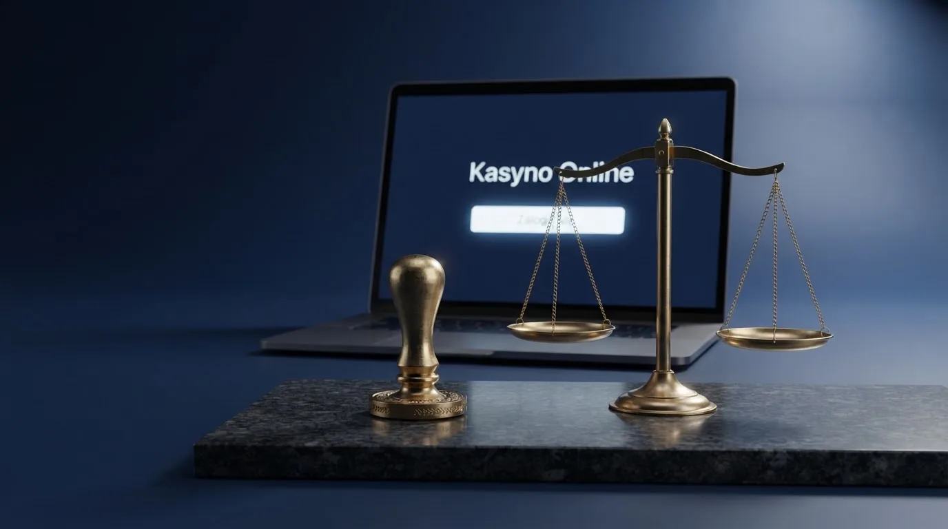 Symboliczna pieczęć urzędowa i waga obok ekranu logowania do serwisu hazardowego