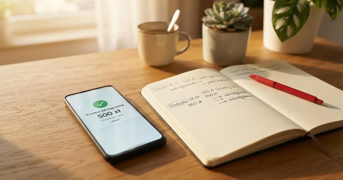 Smartfon z powiadomieniem o zaksięgowanym przelewie przychodzącym, obok papierowy kalendarz z zakreśloną sobotą i niedzielą