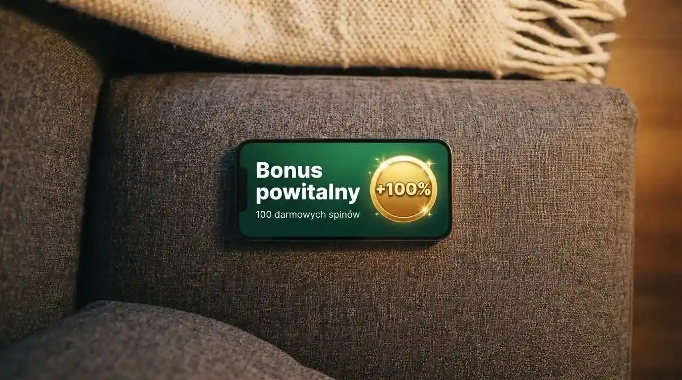 Smartfon leżący na kanapie z ekranem promocji powitalnej kasyna i kocem w tle.