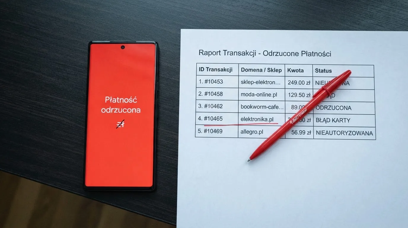 Telefon z komunikatem o odrzuconej płatności na ekranie, obok wydruk tabeli z listą zablokowanych adresów stron
