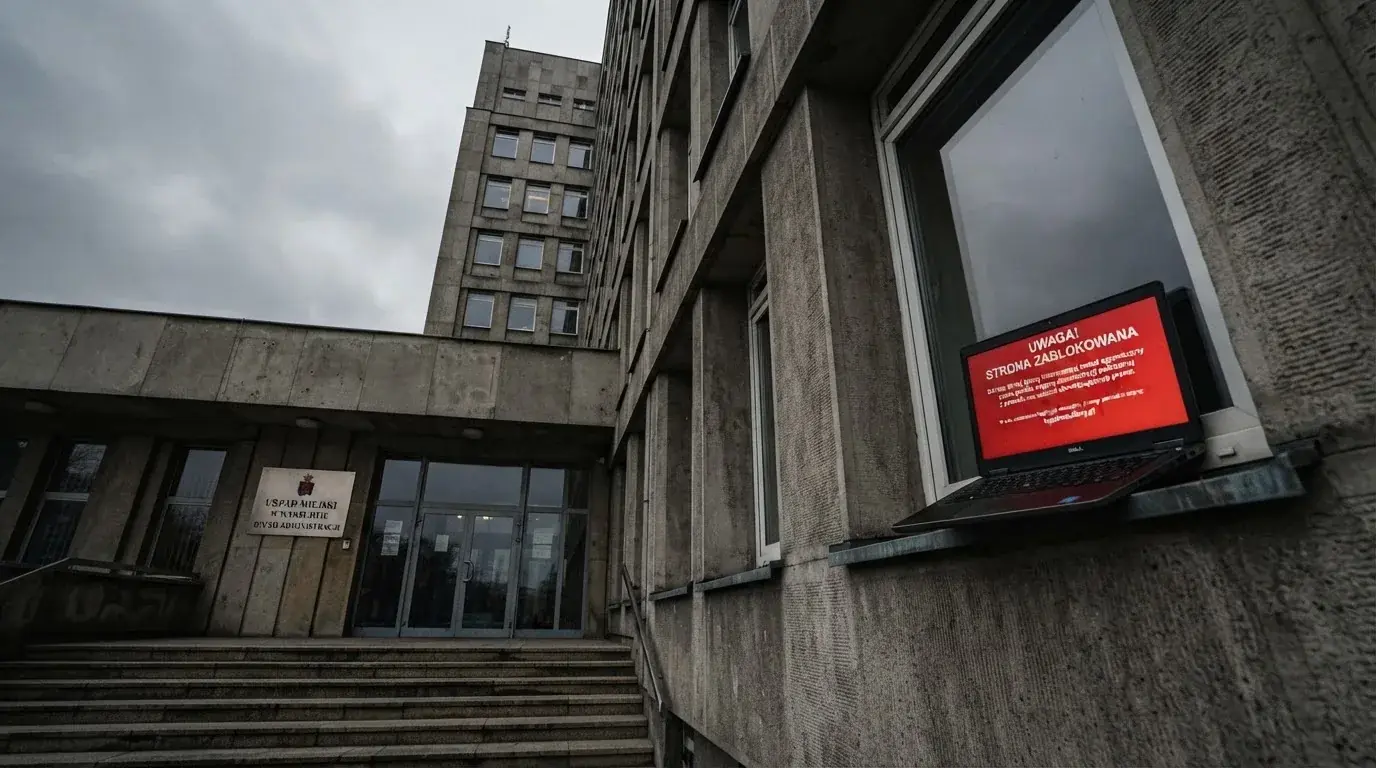 Budynek urzędu z tablicą ministerstwa, na pierwszym planie laptop z komunikatem o zablokowanej stronie kasyna