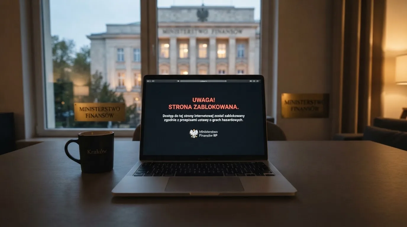 Laptop z komunikatem o zablokowanej stronie hazardowej, w tle budynek urzędu z tablicą ministerstwa