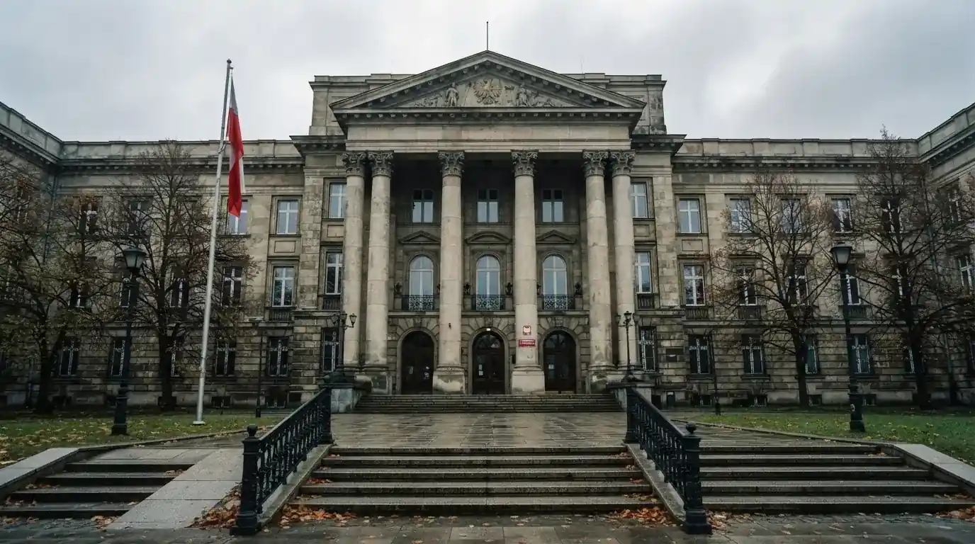 Budynek urzędu administracji państwowej z flagą Polski na maszcie w tle