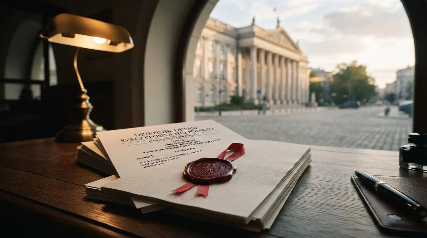 Stos dokumentów urzędowych i pieczęć na biurku, w tle sylwetka budynku administracji publicznej