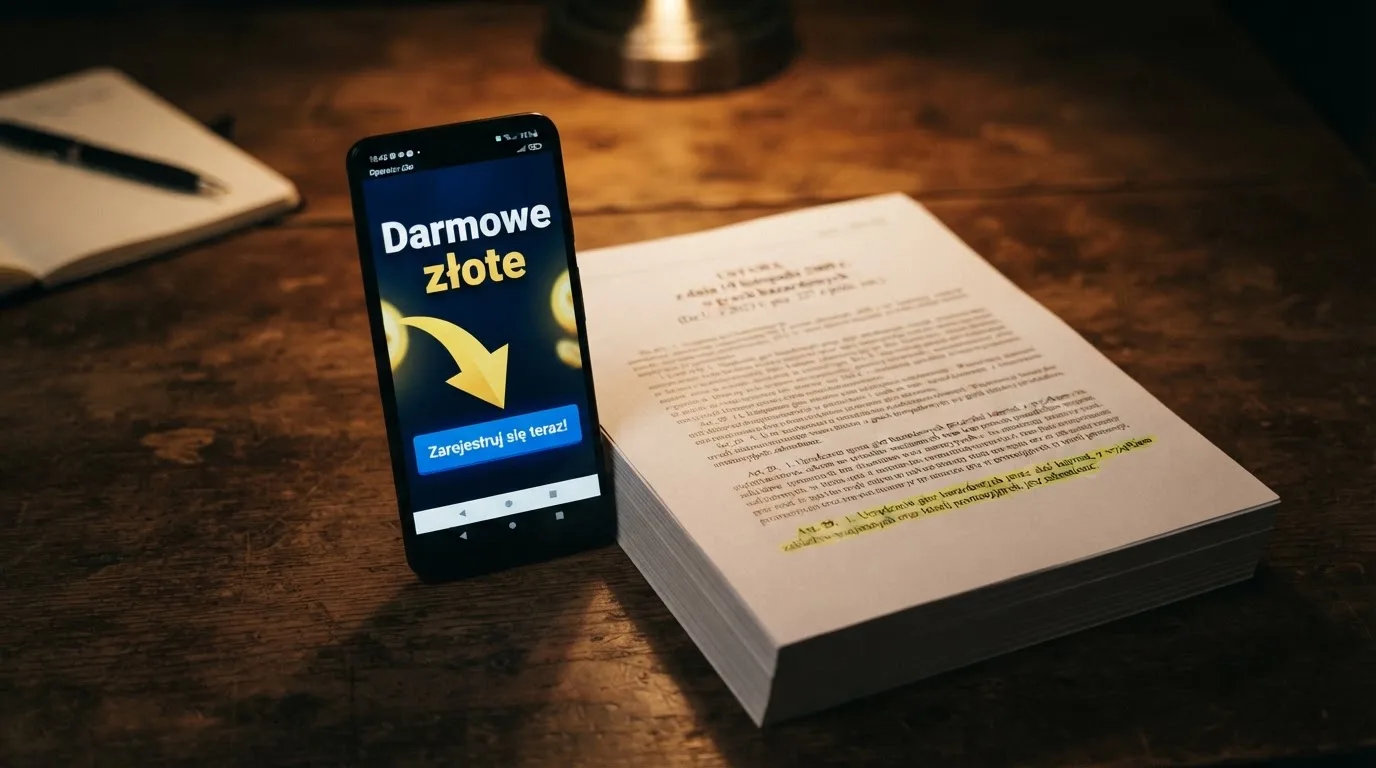 Telefon z banerem obiecującym darmowe złotówki za założenie konta, obok wydrukowany tekst ustawy o grach hazardowych z zaznaczonym artykułem