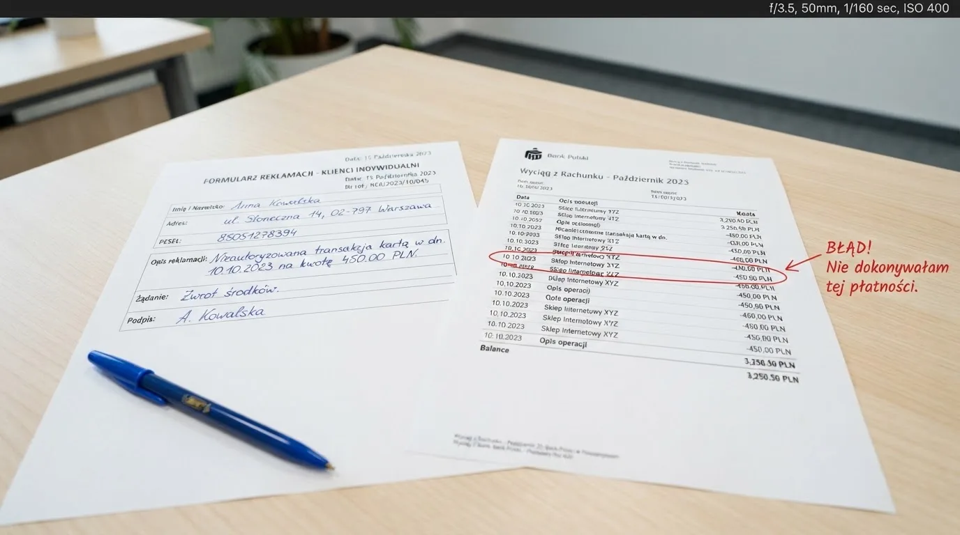 Wydrukowany formularz reklamacji leżący na biurku obok długopisu i wyciągu bankowego z zakreśloną pozycją