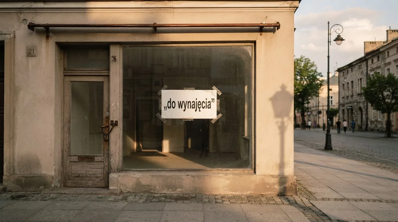 Pusty, zamknięty lokal handlowy z tabliczką „do wynajęcia”, symbolizujący brak działających salonów gry bingo pieniężne