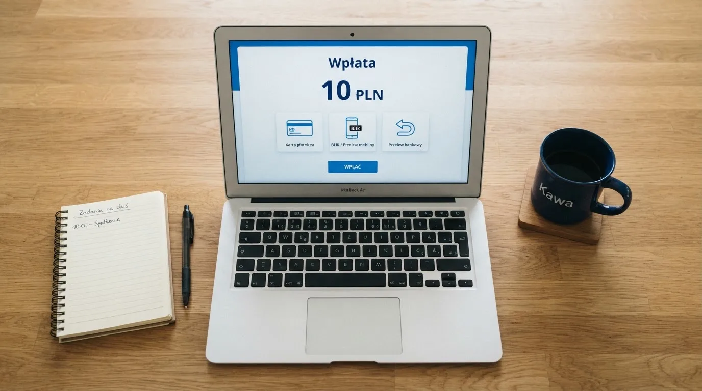 Laptop z otwartym oknem wpłaty na kwotę 10 zł i listą metod: BLIK, karta płatnicza, szybki przelew