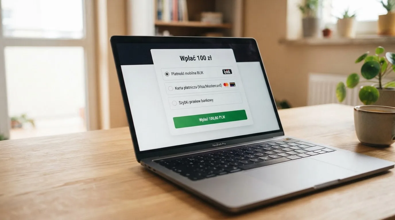 Laptop z oknem wpłaty na ePortfel, wpisana kwota 100 zł i lista metod: BLIK, karta płatnicza, szybki przelew