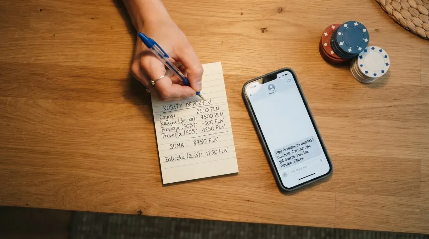 Ekran telefonu z wiadomością SMS obok kalkulatora liczącego opłaty